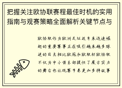 把握关注欧协联赛程最佳时机的实用指南与观赛策略全面解析关键节点与赛季节奏 把握关注欧协联赛程最佳时机的实用指南与观赛策略全面解析关键节点与赛季节奏